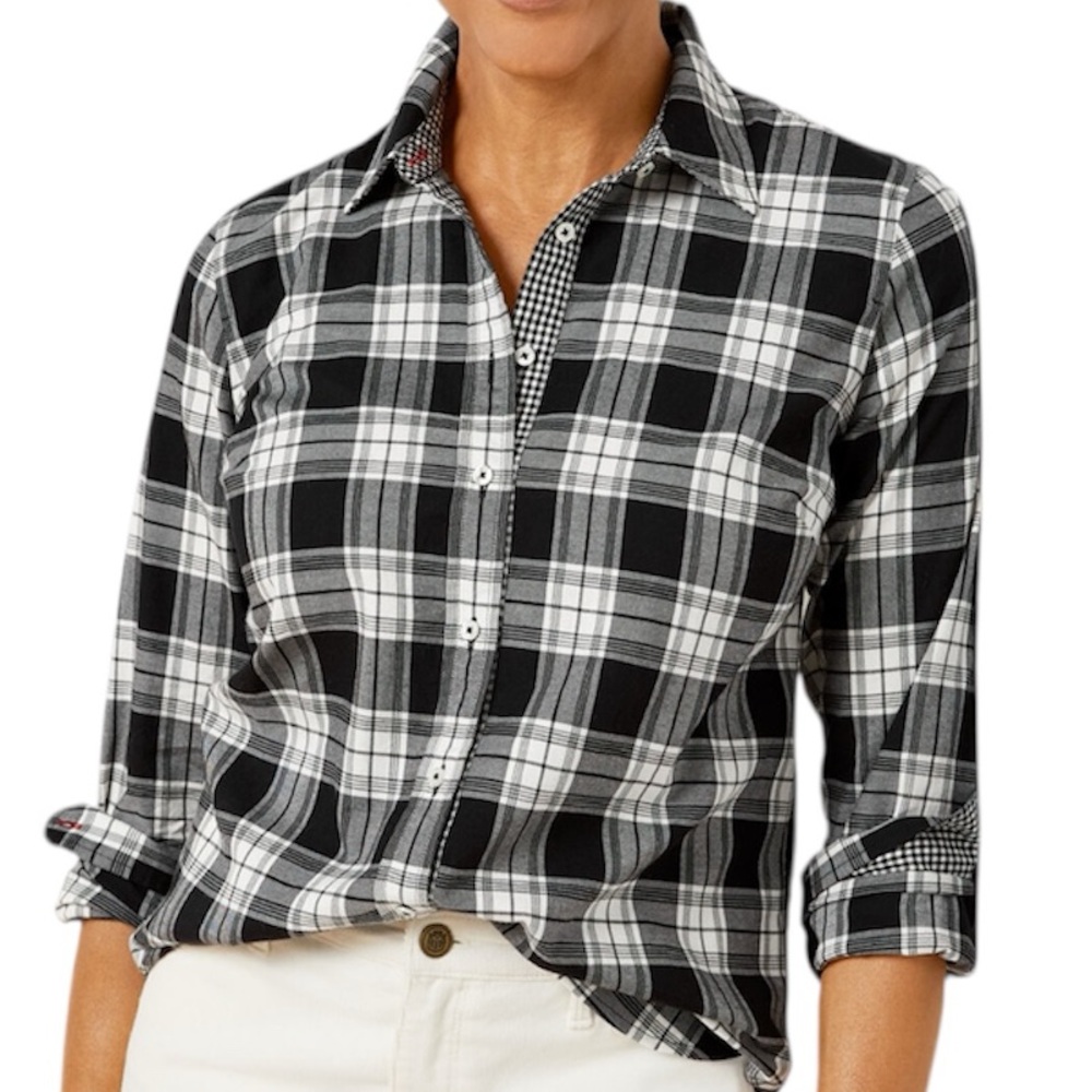 Talbots Plaid Blouse 100% Cotton Gingham Mixed Print Black Preppy Casual Sz XL